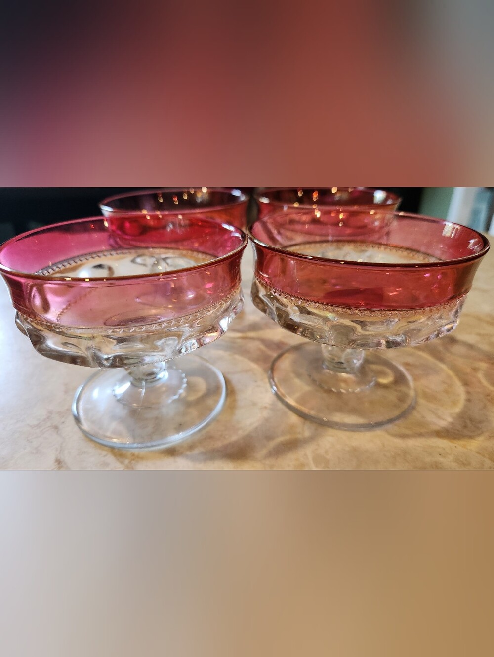 Vintage King's Crown dessert or sherbet glasses featuring a ruby red flash stain